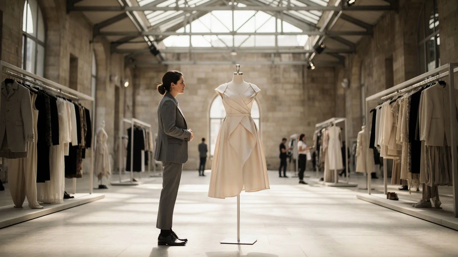 A buyer studies a sculptural white dress in a skylit fashion showroom lined with garment rails