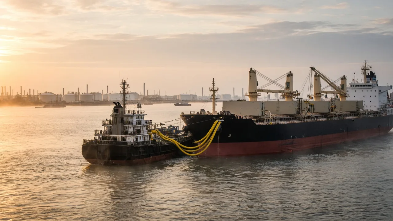A bunker barge lashed to a bulk carrier at Singapore's western anchorage at dawn