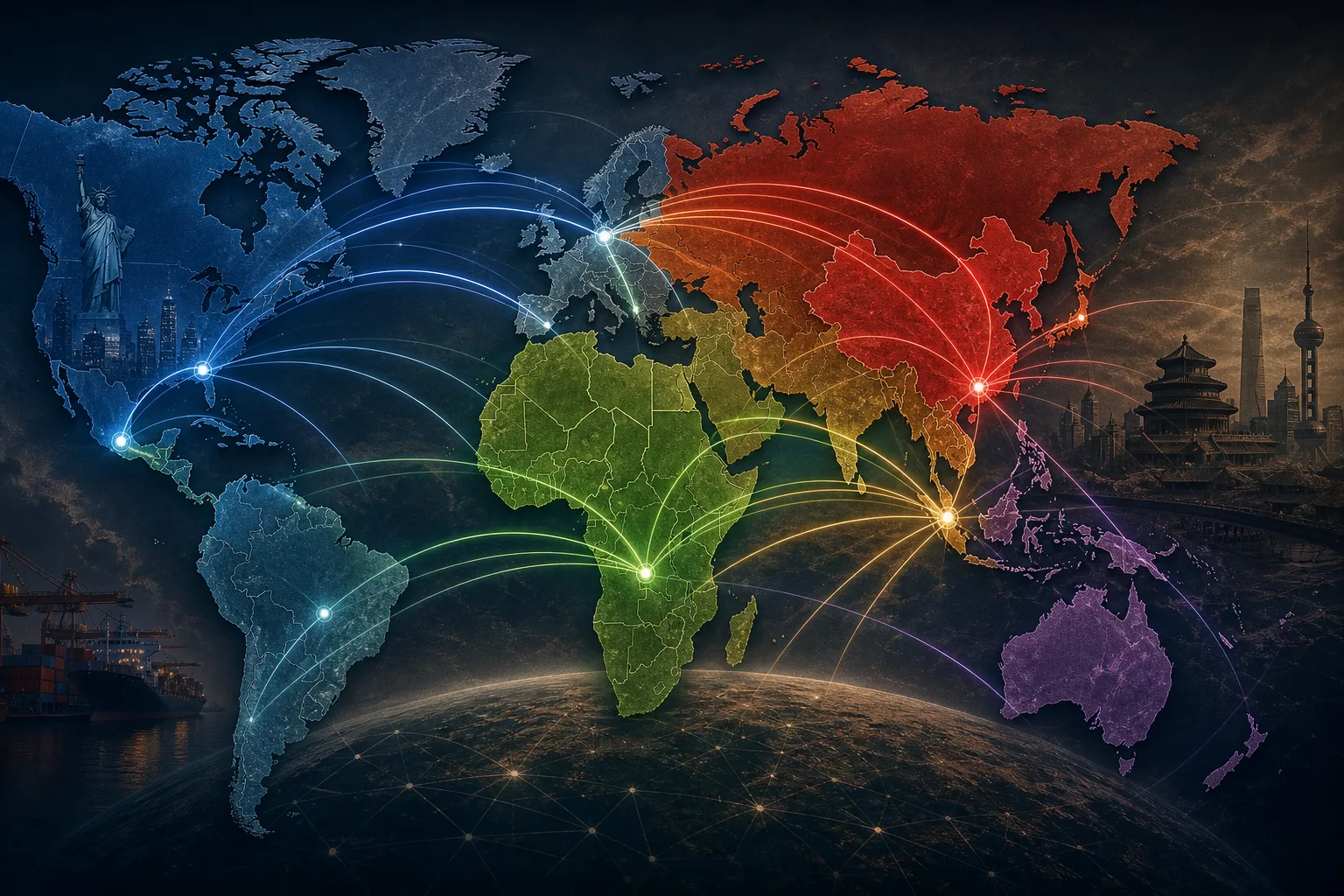Abstract world map showing four geopolitical trade blocs with connector economies rerouting supply chains