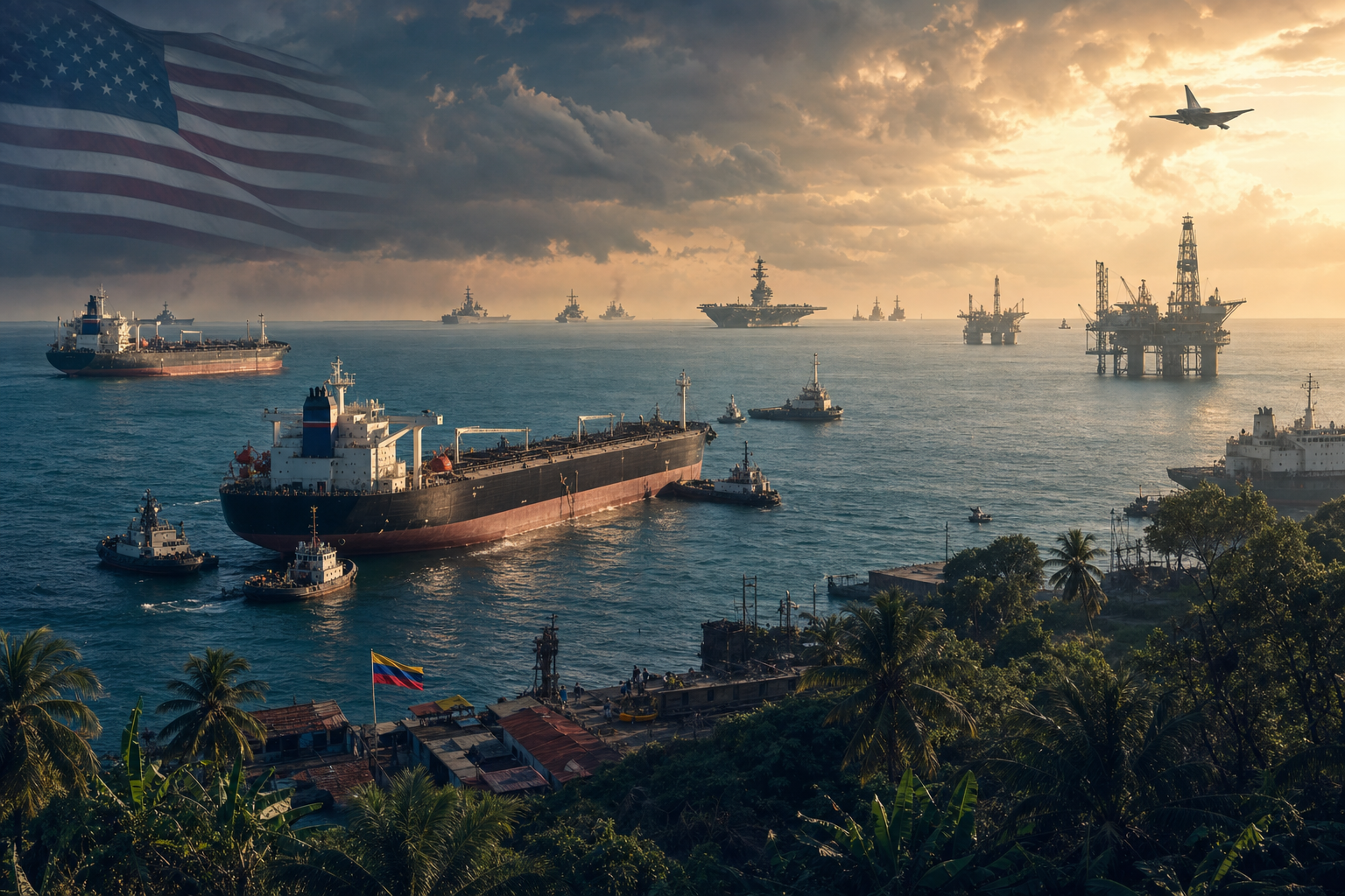 Caribbean maritime region with oil tankers near Venezuela and offshore infrastructure off Guyana