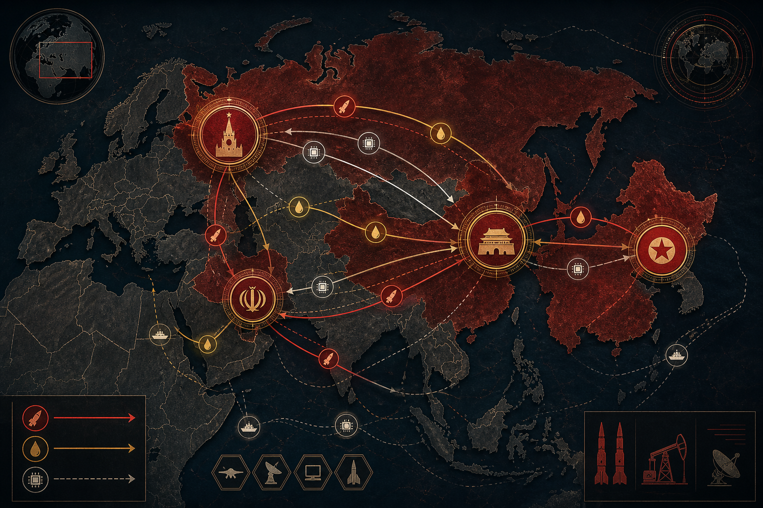 Conceptual map of Eurasia linking Moscow, Beijing, Tehran, and Pyongyang through strategic supply routes