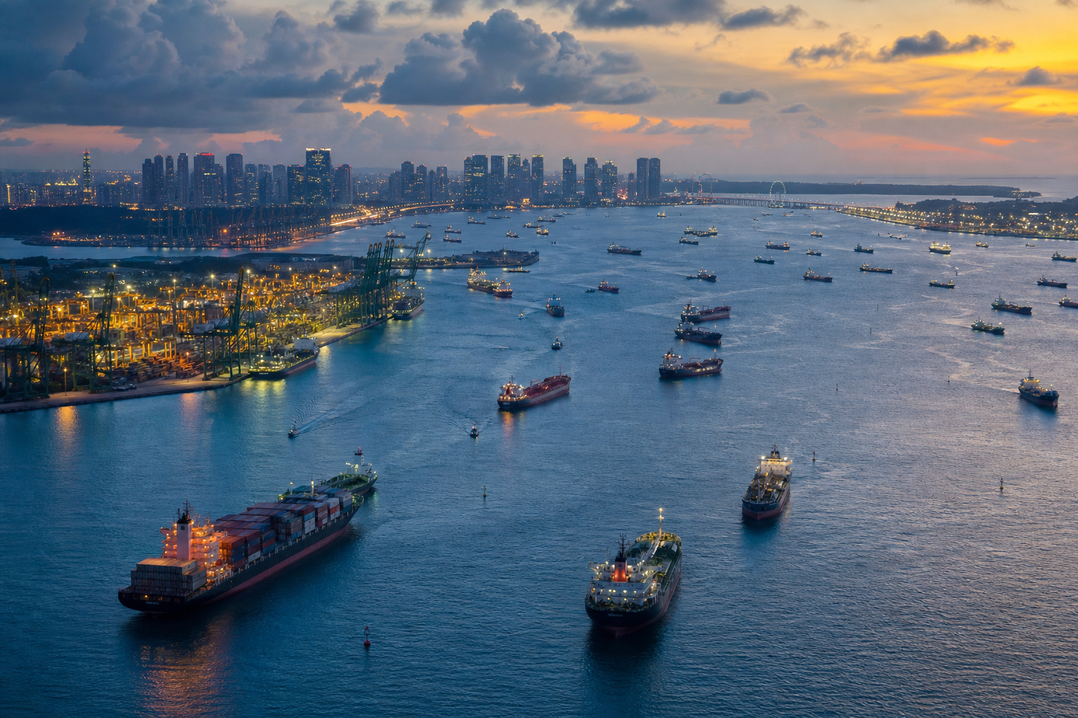 Singapore port and Malacca Strait shipping lanes at dusk with dense maritime traffic