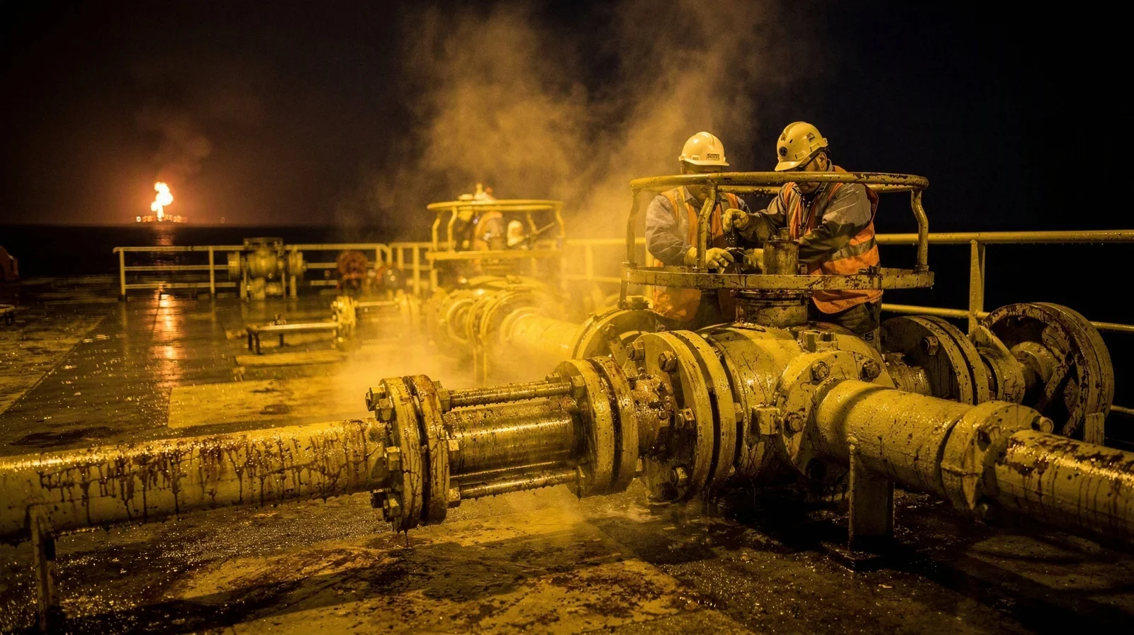 Night deck of a Gulf tanker with crew tightening fuel manifold valves under sodium lights