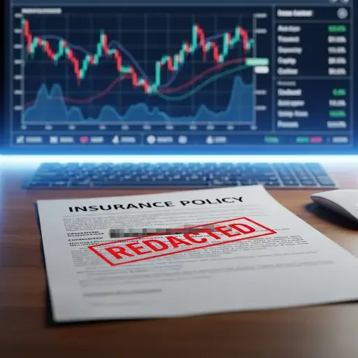 Close-up of an insurance policy document with a redacted sponsor name, framed against market data