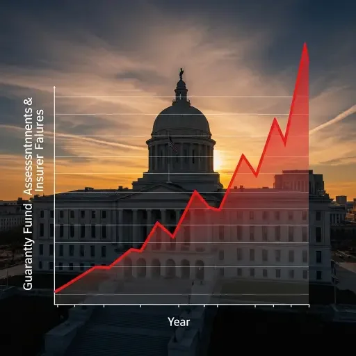 State capitol building with an overlaid graph showing rising guaranty fund assessments and insurer failures