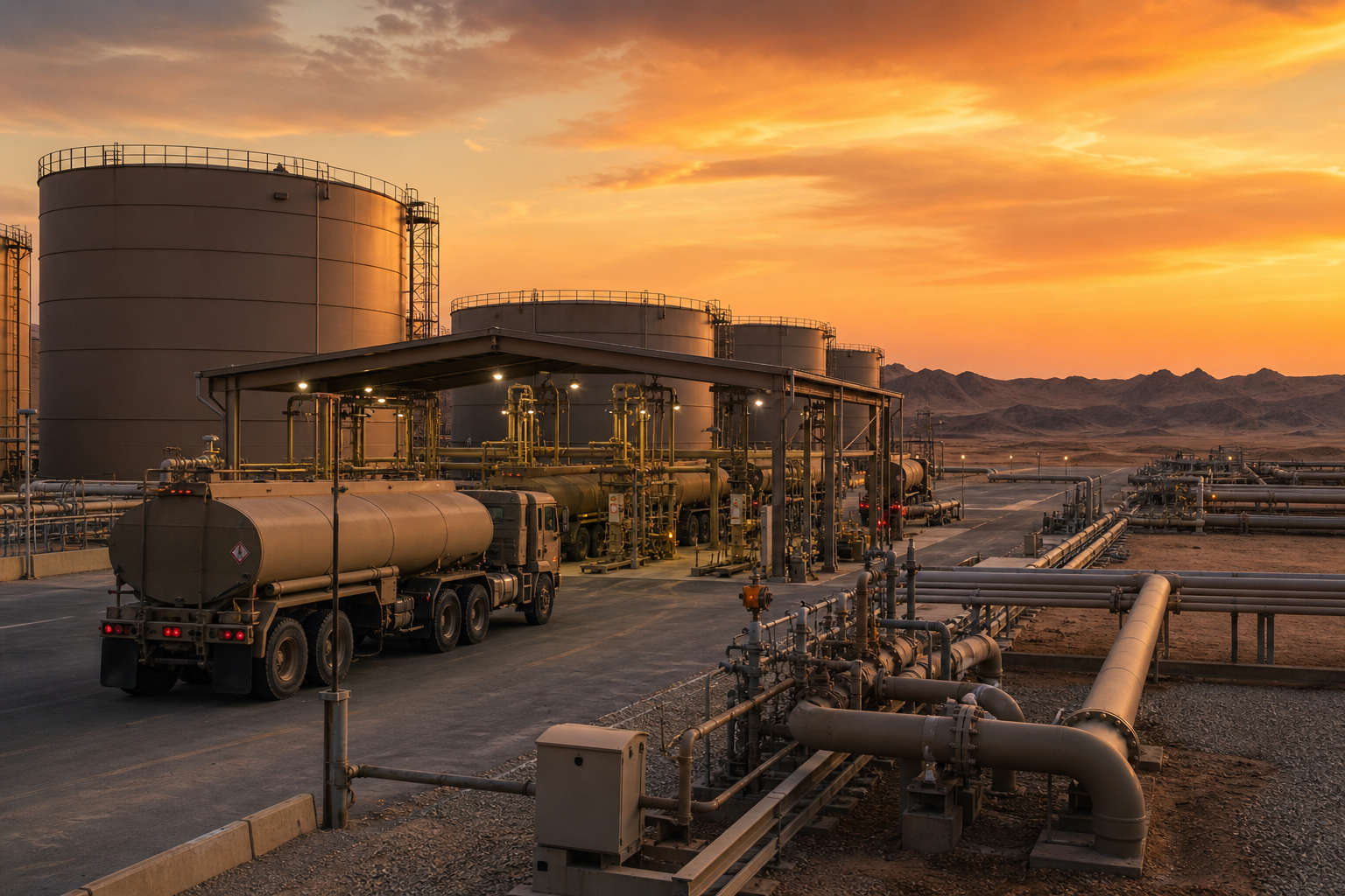 Desert pipeline terminal at dusk with fuel storage tanks and tanker trucks loading under amber sky