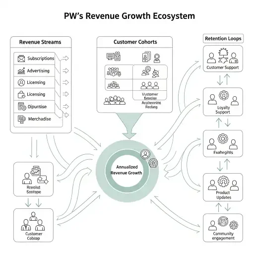 A schematic showing PW's revenue streams, cohorts, and retention loops feeding annualized revenue growth.