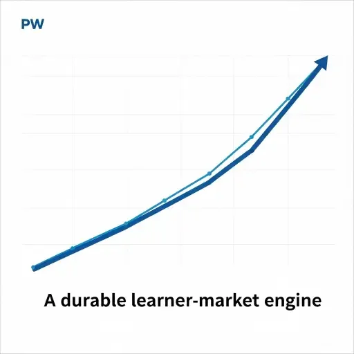 Closing chart showing PW's market trajectory with a rising line and caption: 'A durable learner-market engine.'