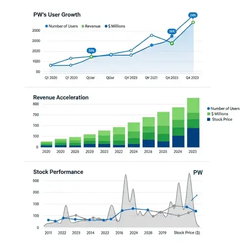 Illustrative chart showing PW's user growth and revenue acceleration alongside stock performance.