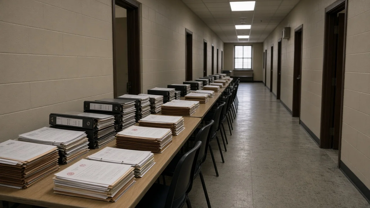 Overflow exhibit binders and stamped manila folders on folding tables in a federal courthouse corridor, fluorescent light on linoleum