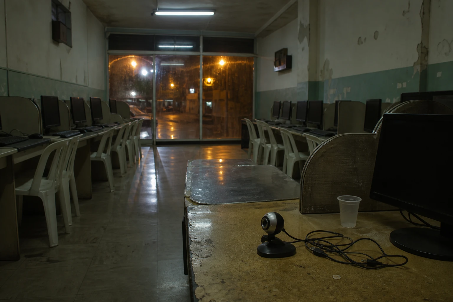 Empty chairs in a São Paulo cybercafé at night, webcam recording light off, rain on the windows