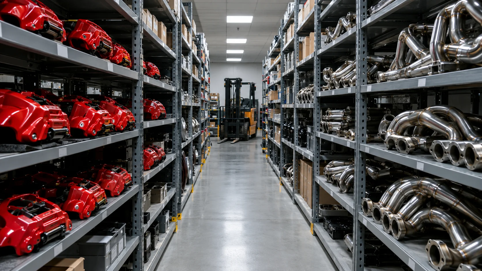 Aisle of performance brake and exhaust parts on industrial shelving in a storeroom