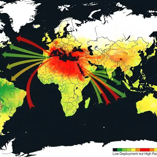 Geographic heat map showing sovereign wealth fund capital deployment with concentration in Middle East and flow patterns to North America, Europe, and Asia-Pacific
