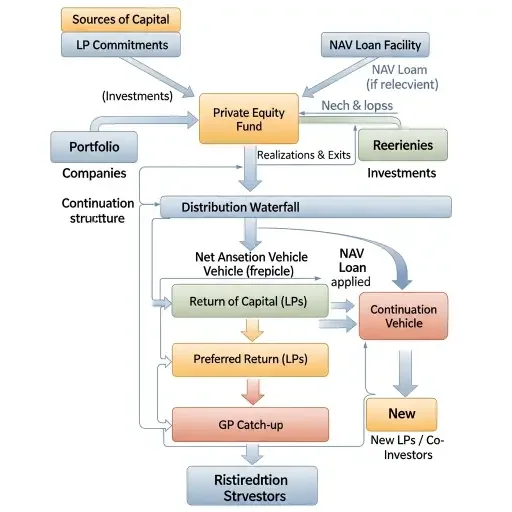 Waterfall diagram showing private equity fund cash flows with NAV loan layer, continuation vehicle structure, and LP distribution priorities