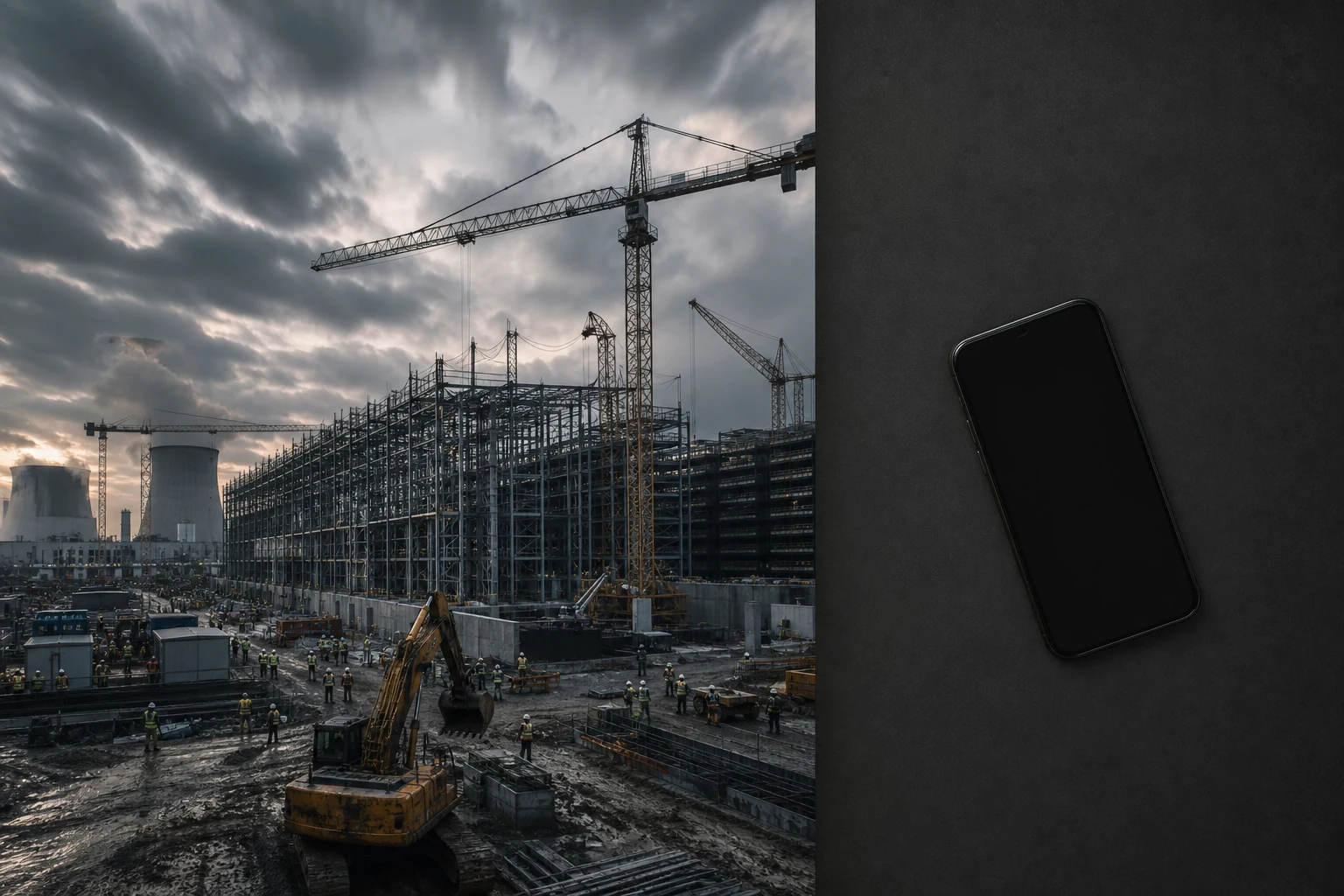 Time-lapse of data-center construction beside a single darkened phone screen