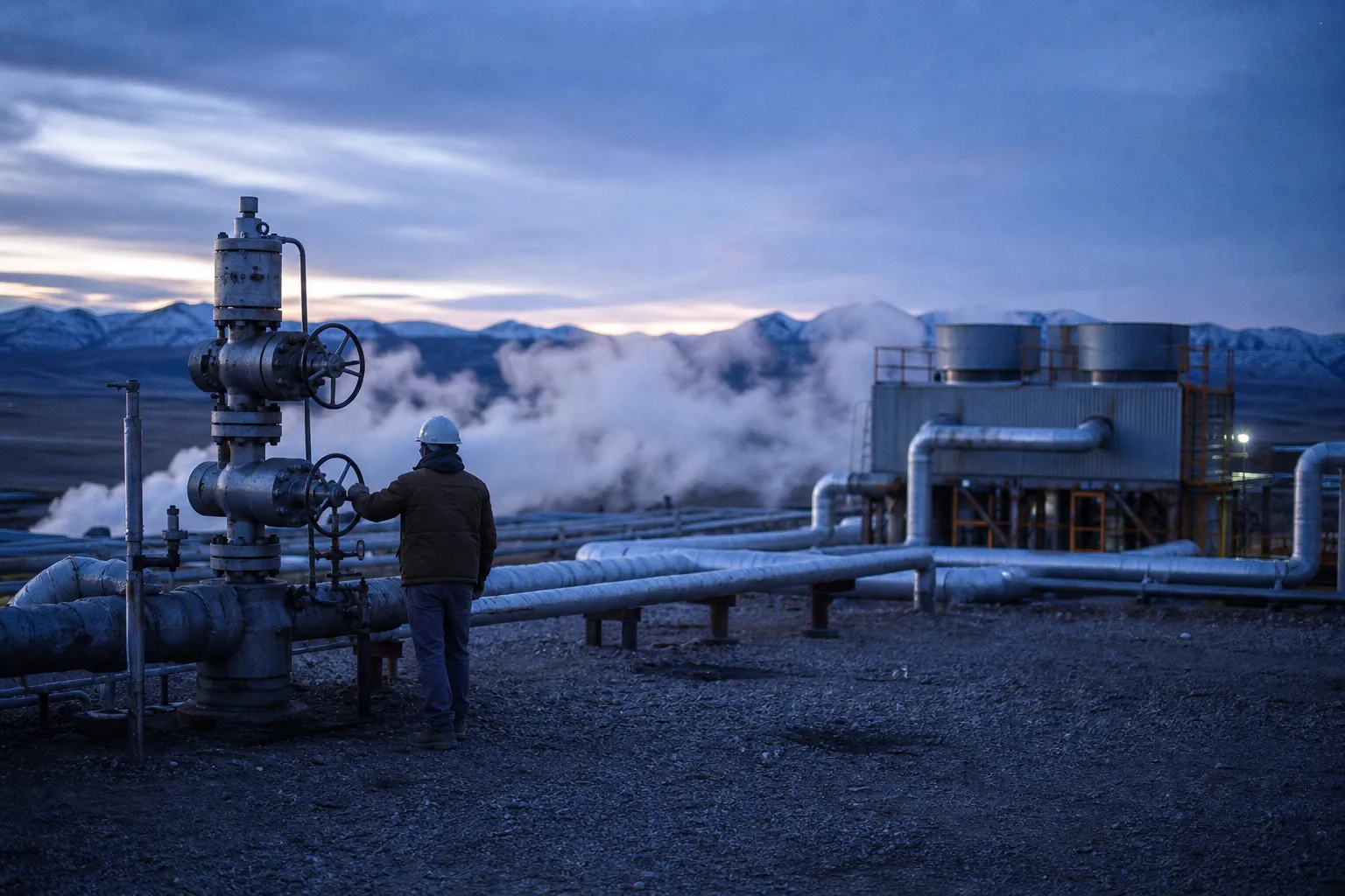 Geothermal wellheads and steam pipes on a gravel pad at blue hour, one worker checking a valve, no signage