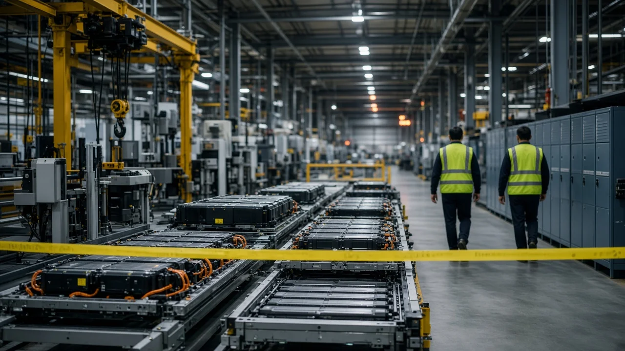 Paused electric-vehicle battery assembly line with caution tape and workers in high-visibility vests heading toward locker banks