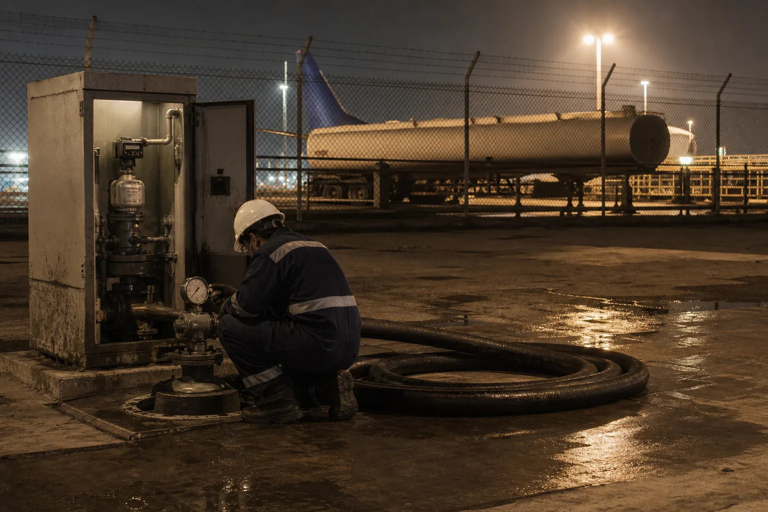 Night hydrant-fuel pit and coiled aviation hose on stained concrete at a coastal products terminal