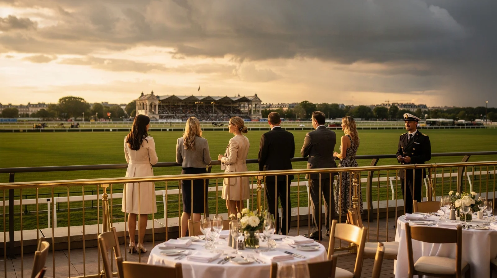 Guests watch a distant turf race from an elevated hospitality terrace above linen-set tables