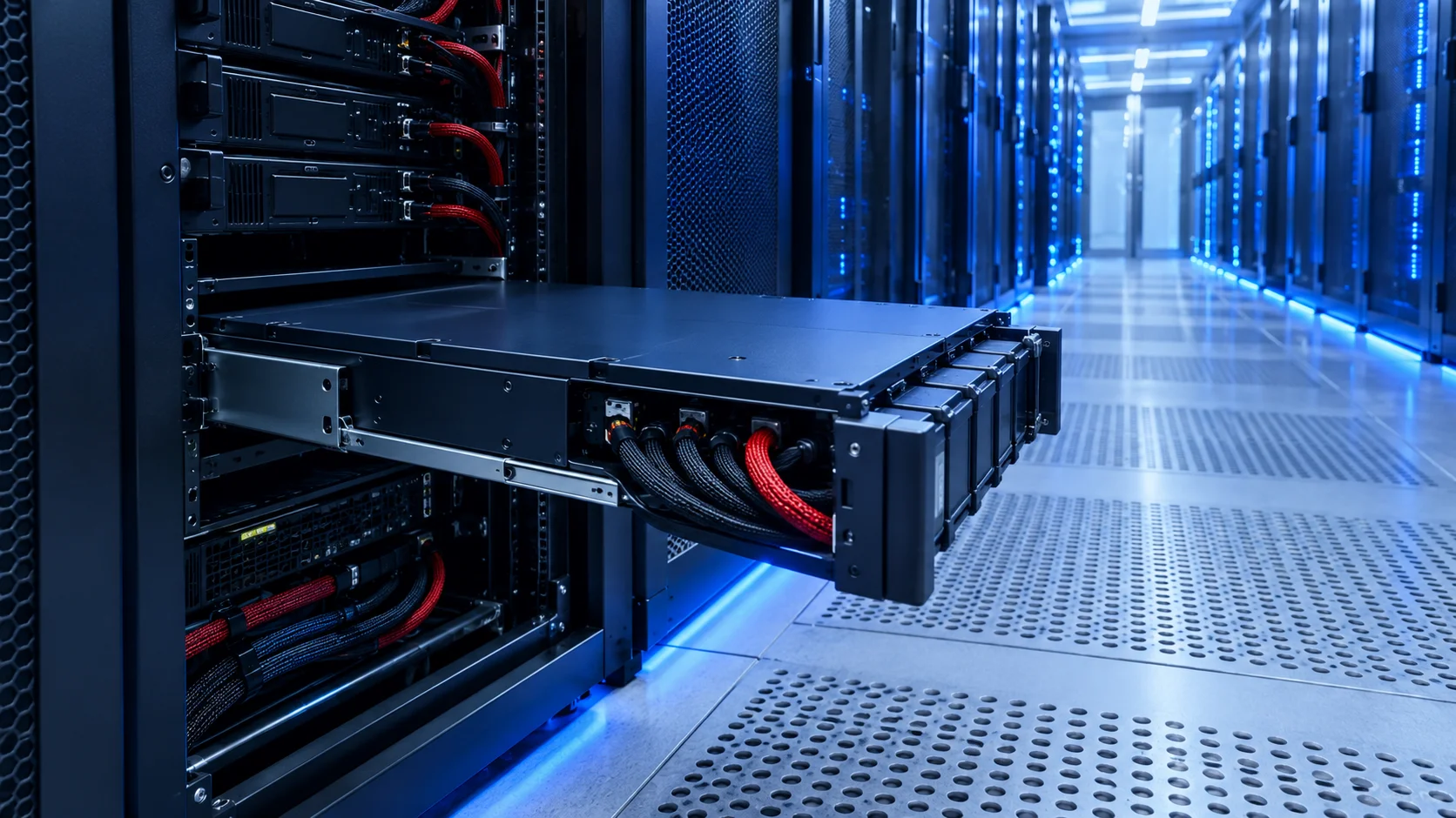 Low-angle view of a slim battery drawer slid into an open server rack beside braided power whips in a chilled data hall aisle