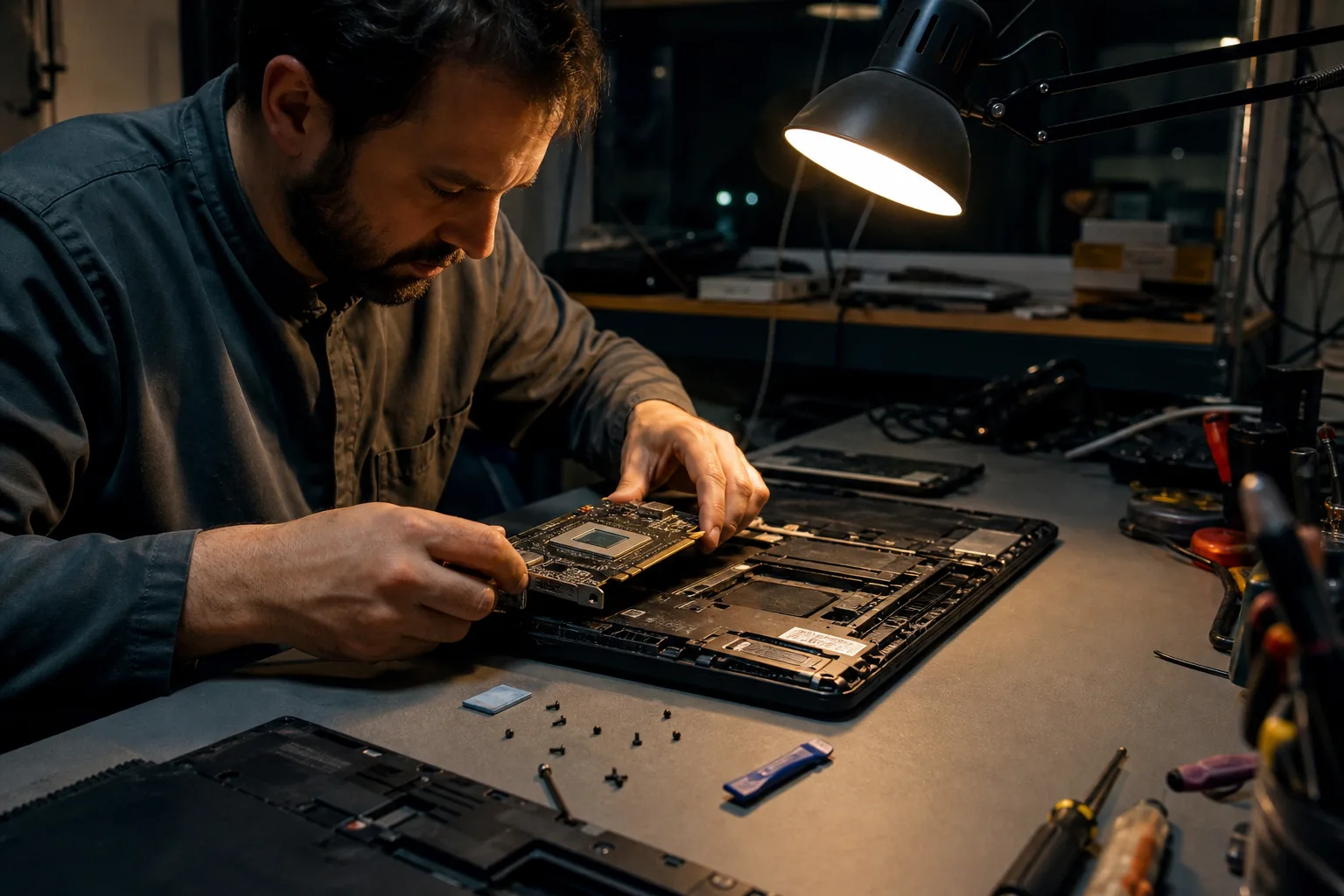 Technician seating a graphics module into an open laptop chassis under a workshop lamp