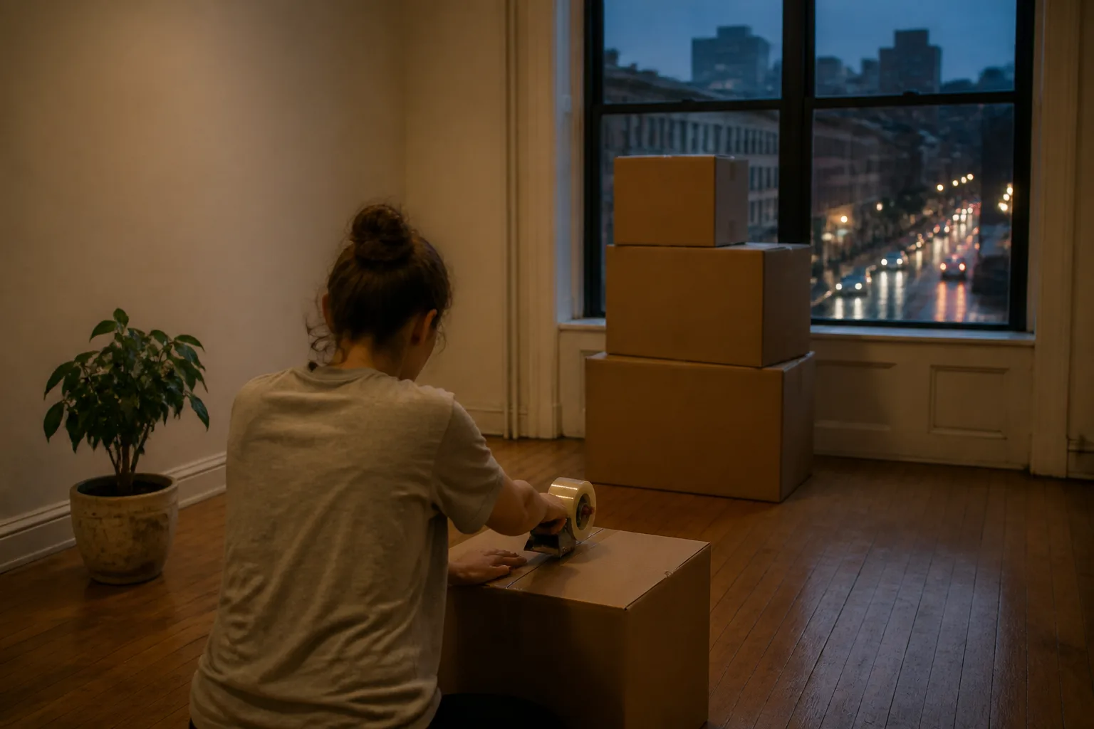 Young renter taping a plain moving box in a nearly empty studio at blue hour, city headlights below the window