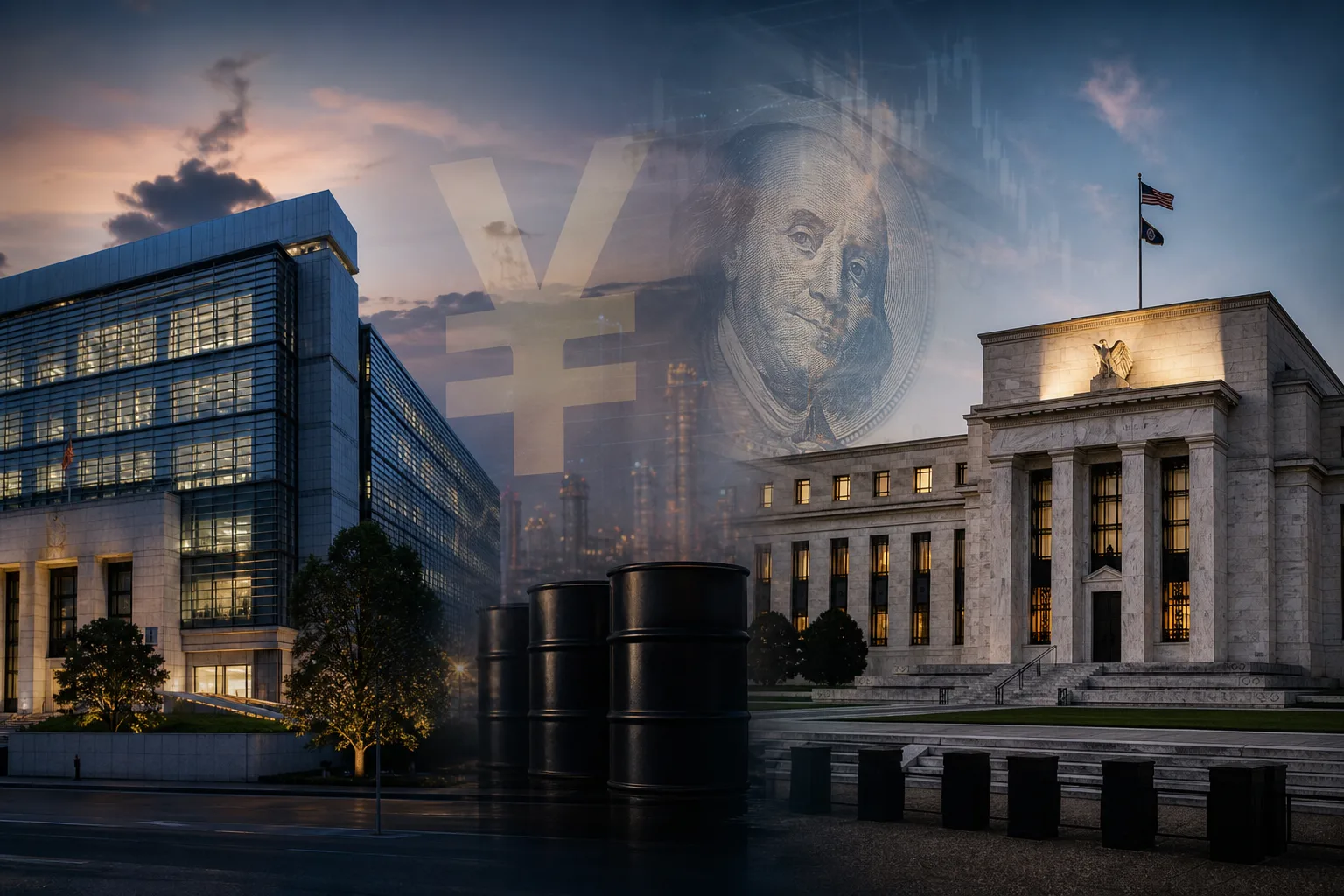Tokyo and Washington policy buildings linked by an oil-price and yen overlay