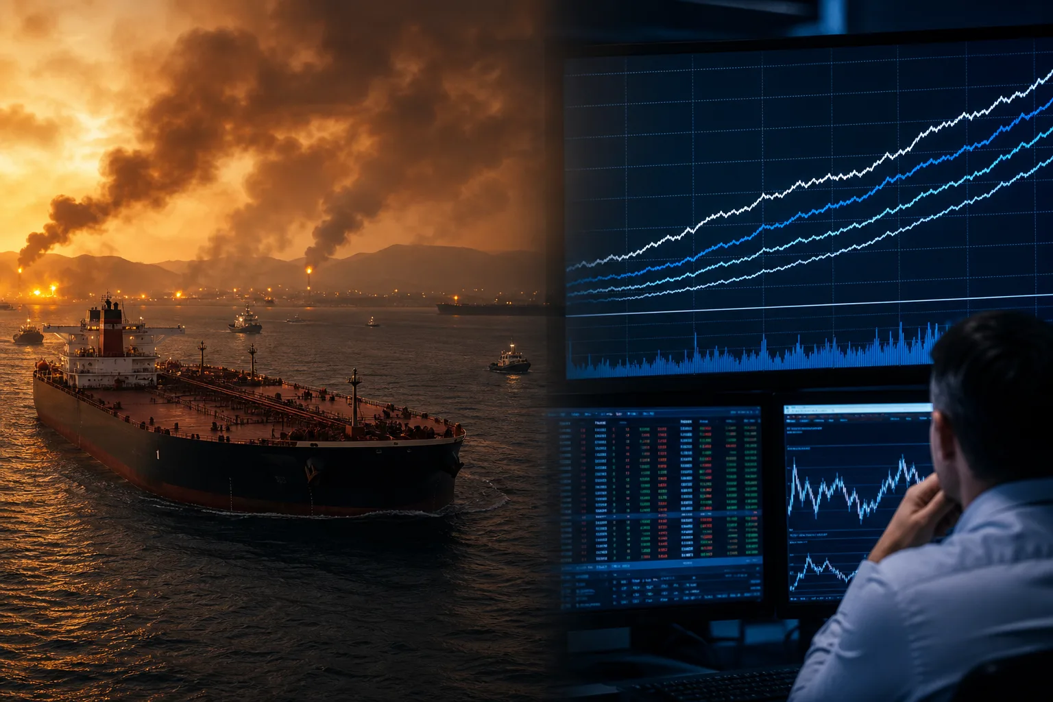 Oil tanker under conflict lighting beside a rising Treasury yield curve