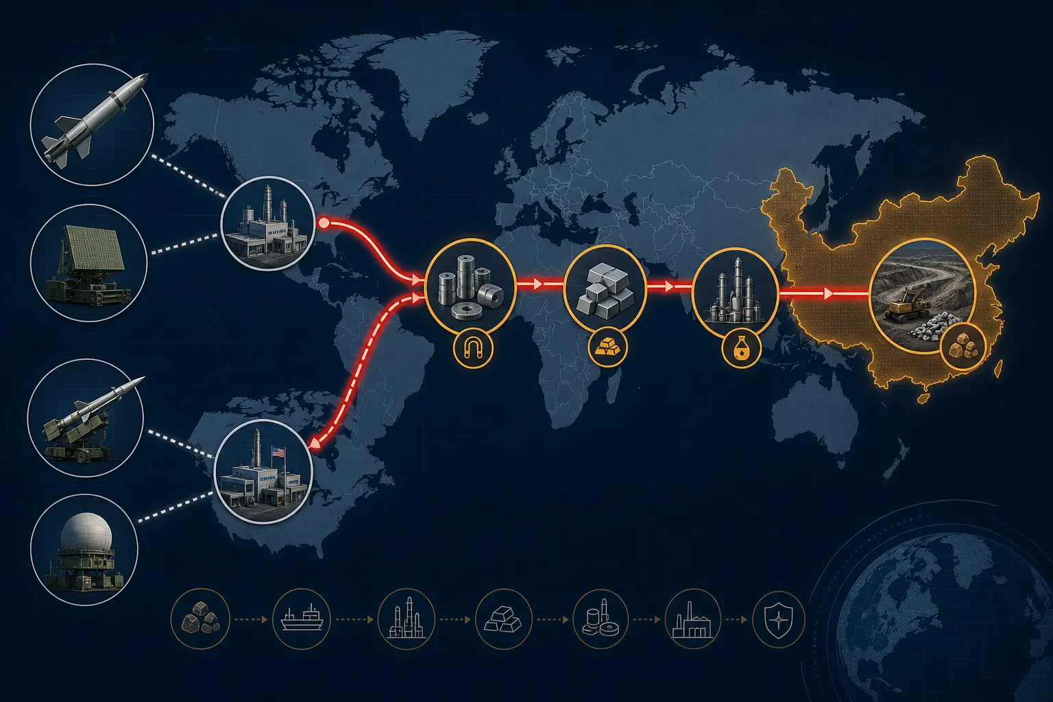 Supply chain diagram showing rare-earth processing concentrated in China feeding into NATO defense magnet and missile production lines