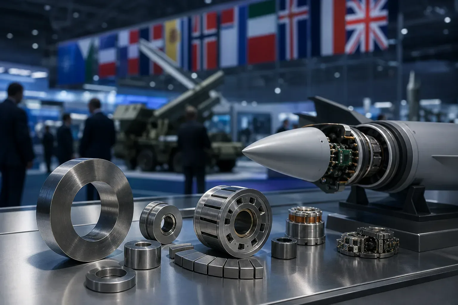 NATO flags above a defense industrial display with rare-earth magnet coils and missile guidance assemblies in the foreground