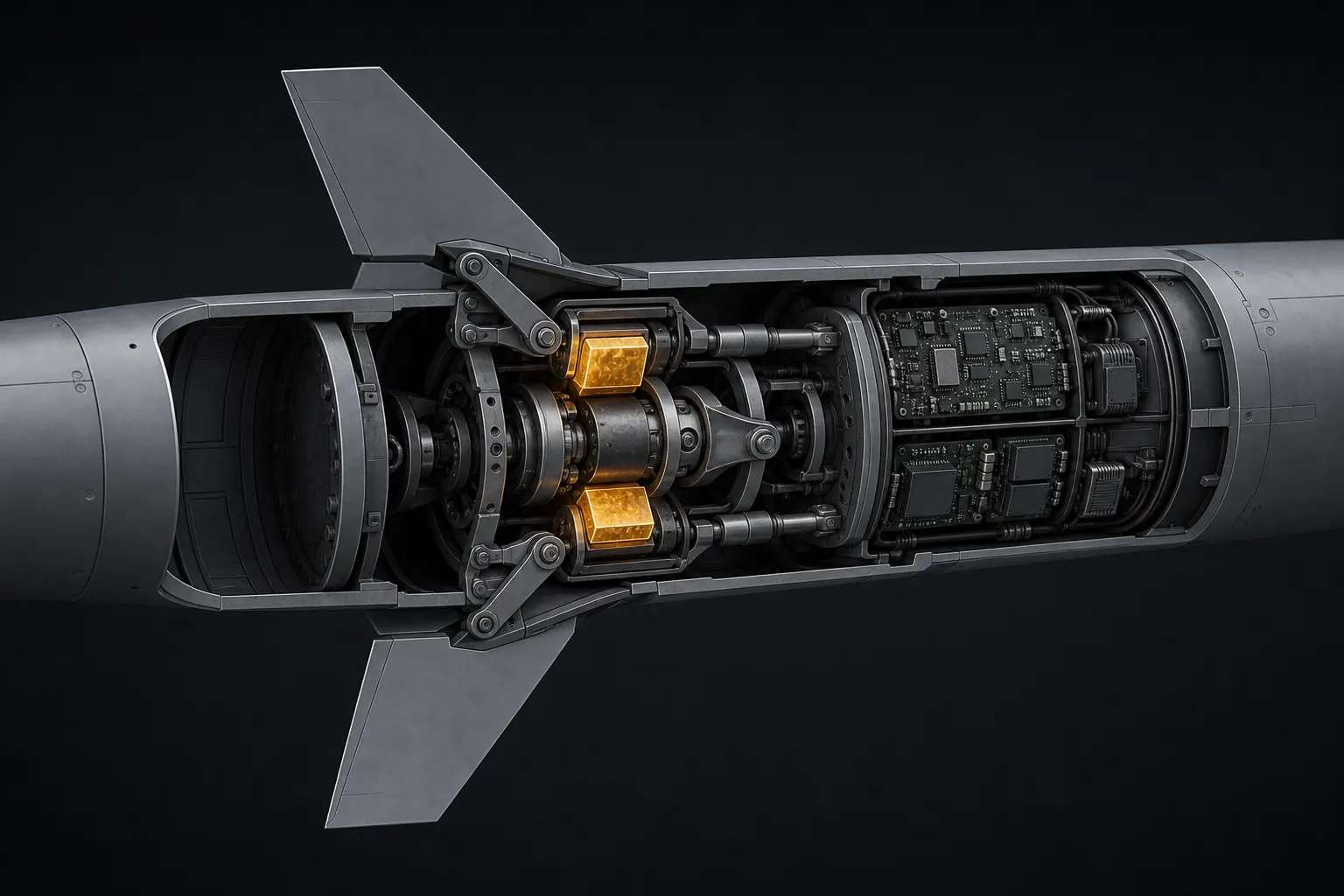 Cross-section illustration of a cruise missile guidance actuator highlighting samarium-cobalt permanent magnets in the steering assembly