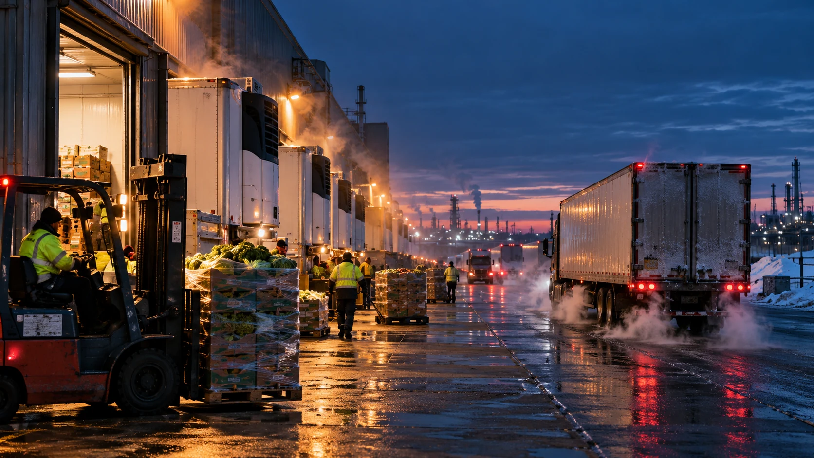 Refrigerated trailers and forklifts moving produce through a steaming loading dock before dawn