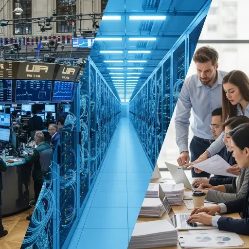 Composite image of an exchange, a cloud datacenter, and a startup team preparing compliance documents