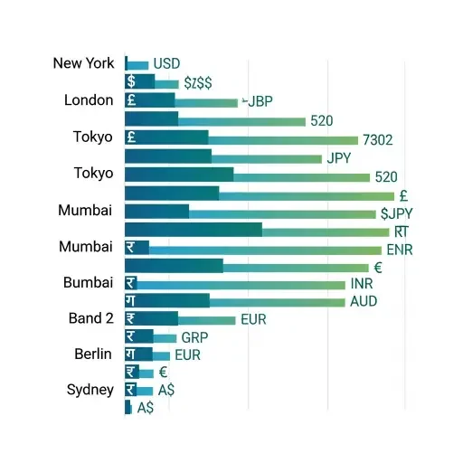 A chart showing pay bands aligned to locations with currency-like symbols