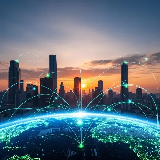 A quiet city skyline at dawn with digital lines representing remote connections spanning the globe