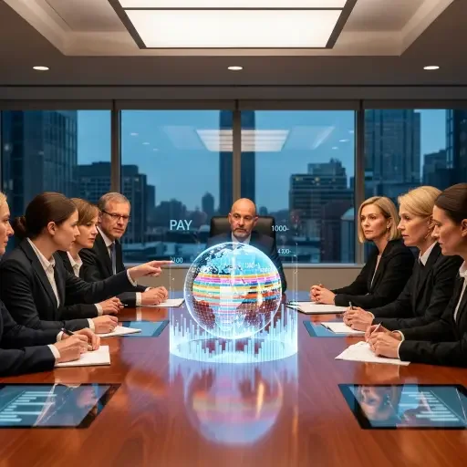Corporate board discussing pay philosophy with a holographic globe showing pay bands
