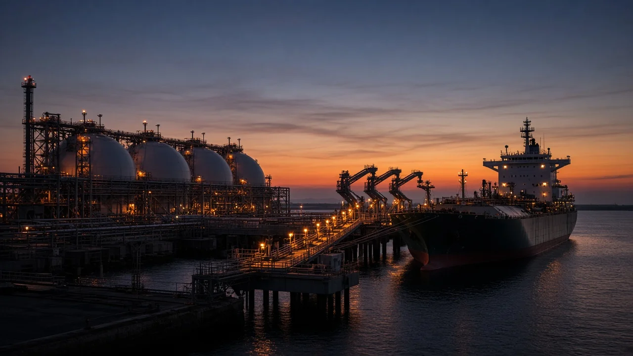 LNG carrier moored at an export terminal at dusk, loading arms and spherical storage tanks lit by sodium floodlights