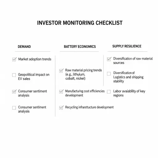 Checklist graphic placeholder: three-column investor monitoring checklist—Demand, Battery Economics, Supply Resilience