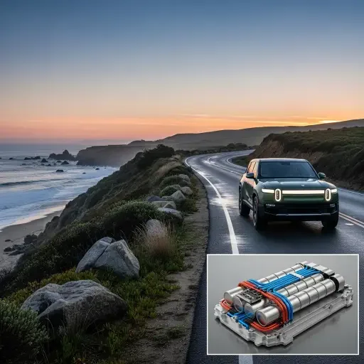Rivian R2 prototype on a coastal road at dawn, battery pack cross-section inset
