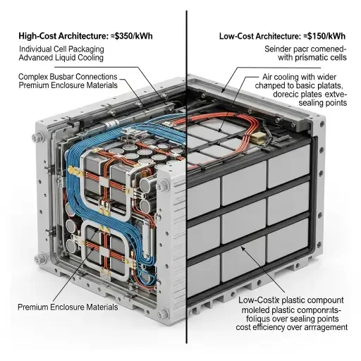 Split comparison of high-cost vs low-cost battery pack architectures with cost-per-kWh annotations