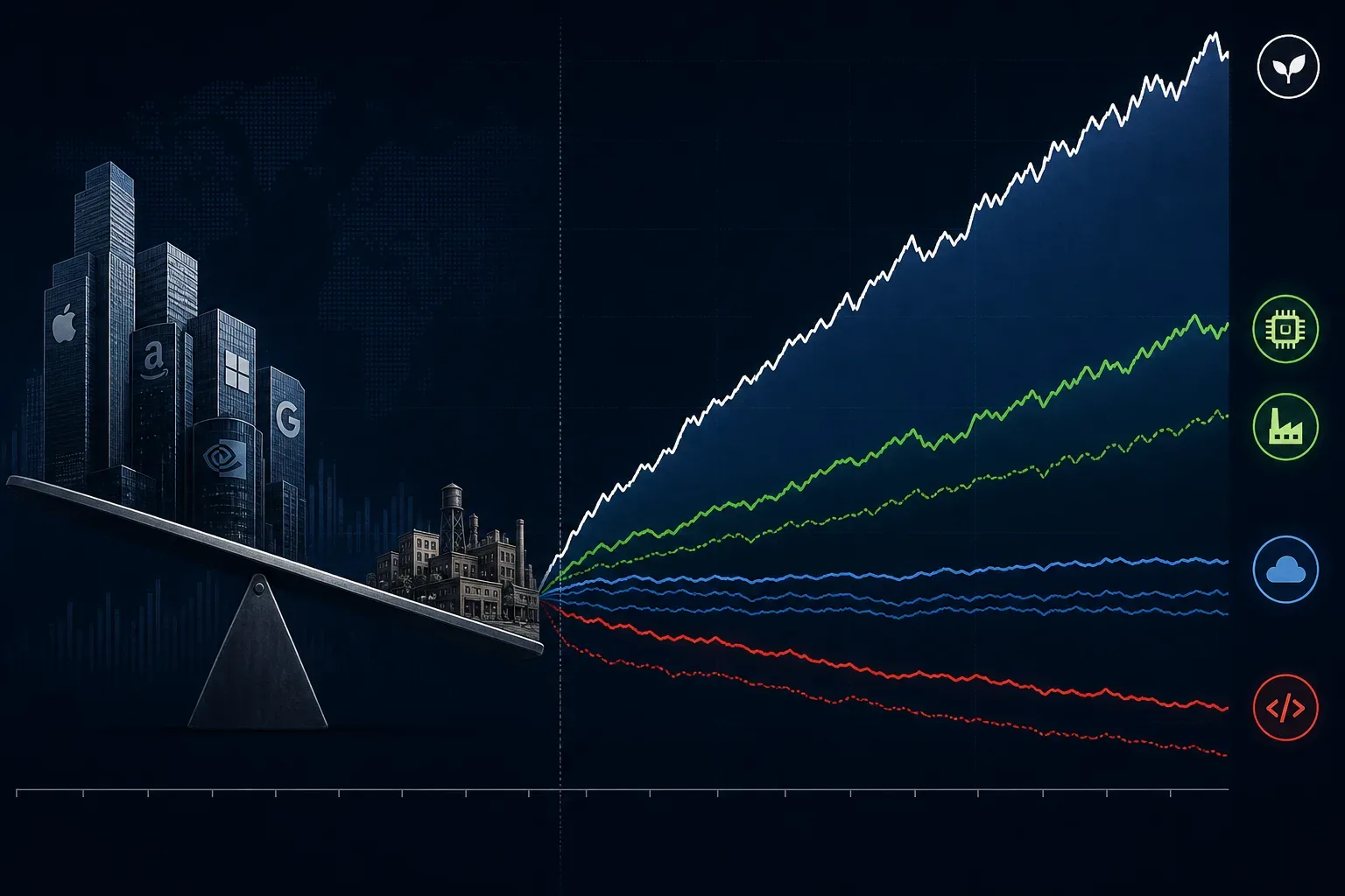 Split performance chart showing Russell 2000 small caps rising while software names lag