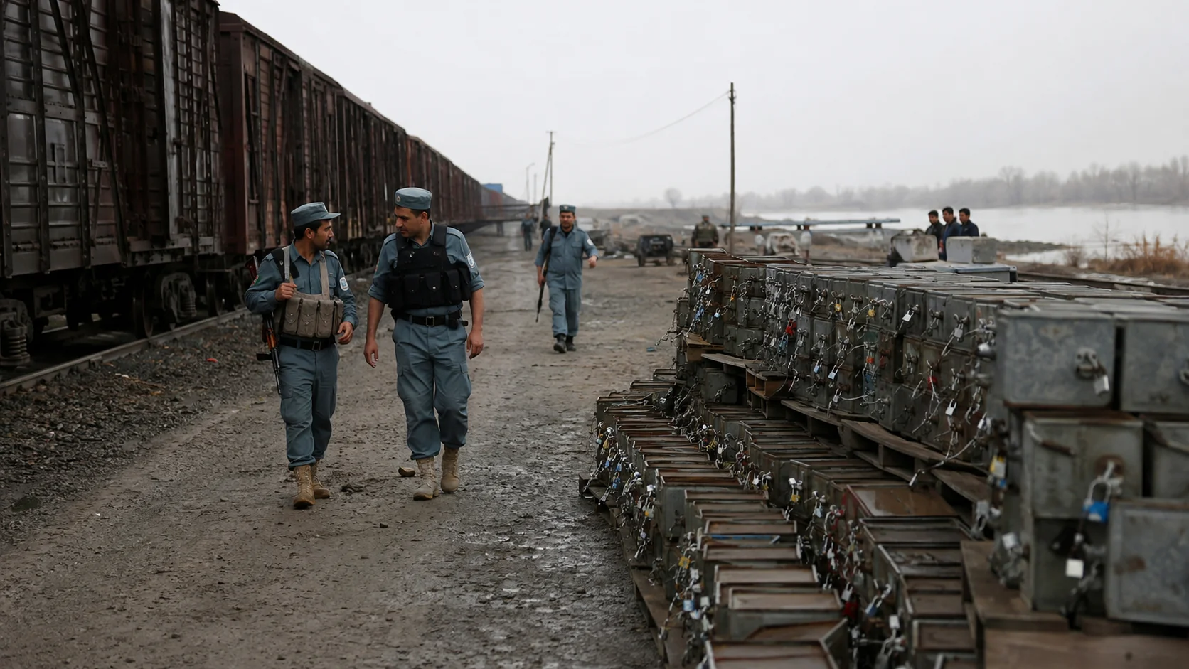 Overcast morning at a northern border rail yard, Afghan customs officers beside idle freight cars and stacked container seals on muddy track ballast, Amu Darya floodplain haze in the distance