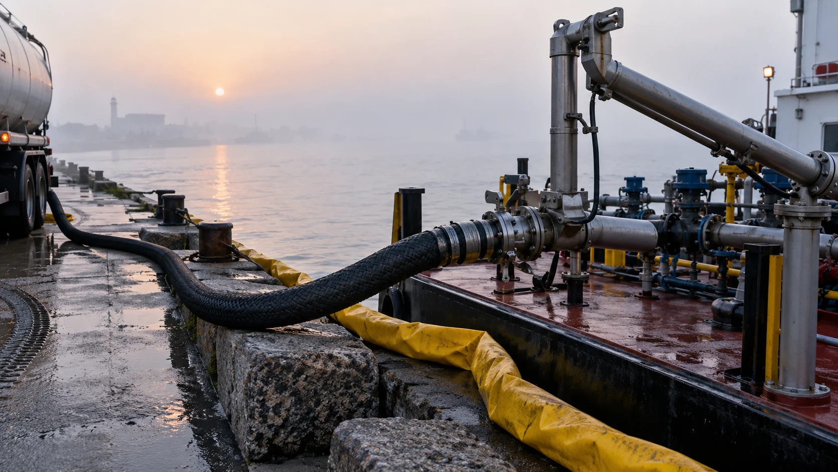 Harbor fuel barge with braided diesel transfer hose and yellow spill boom against a granite pier in early-morning mist