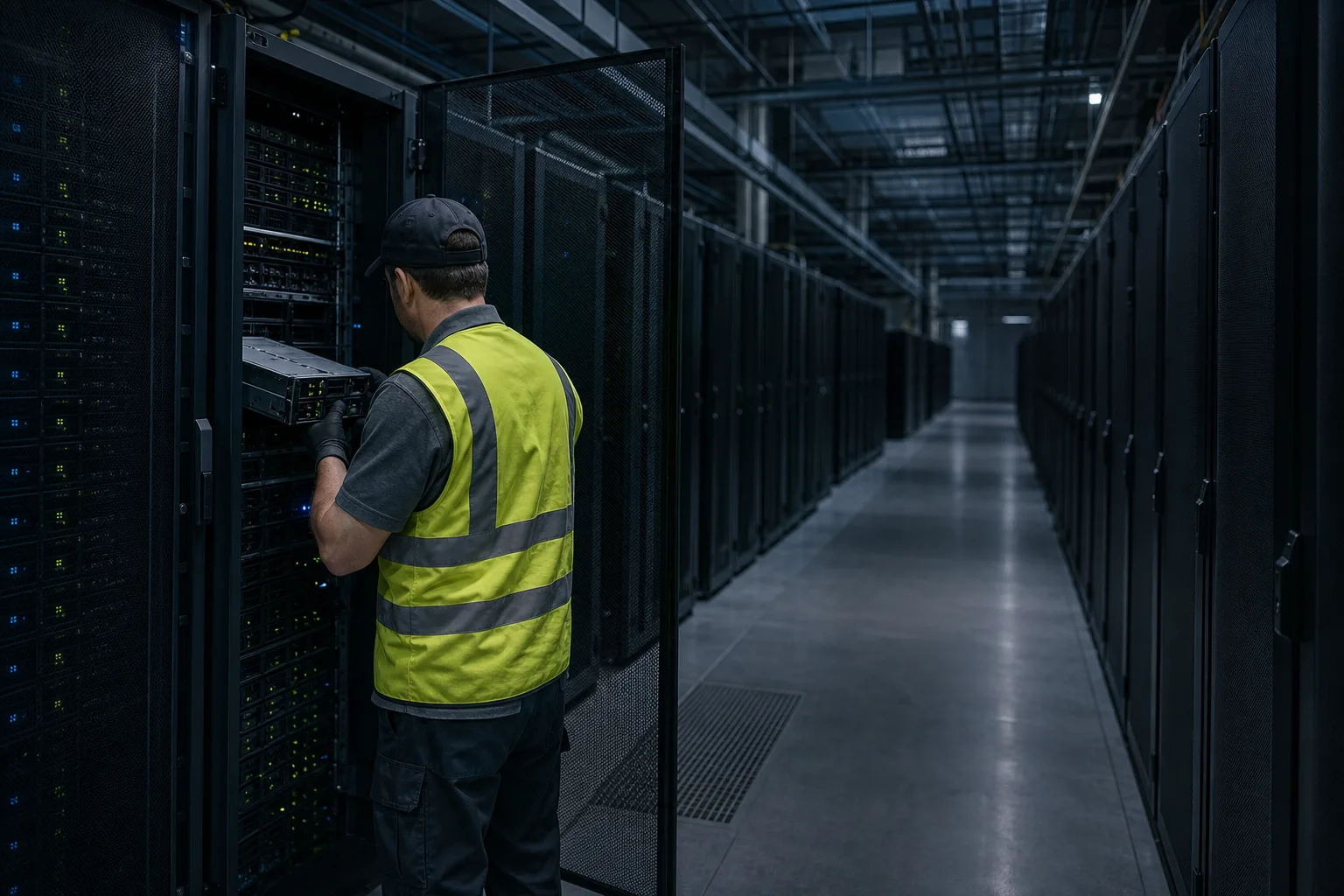 A lone facilities technician replacing blade servers in a vast half-empty enterprise data hall at blue hour