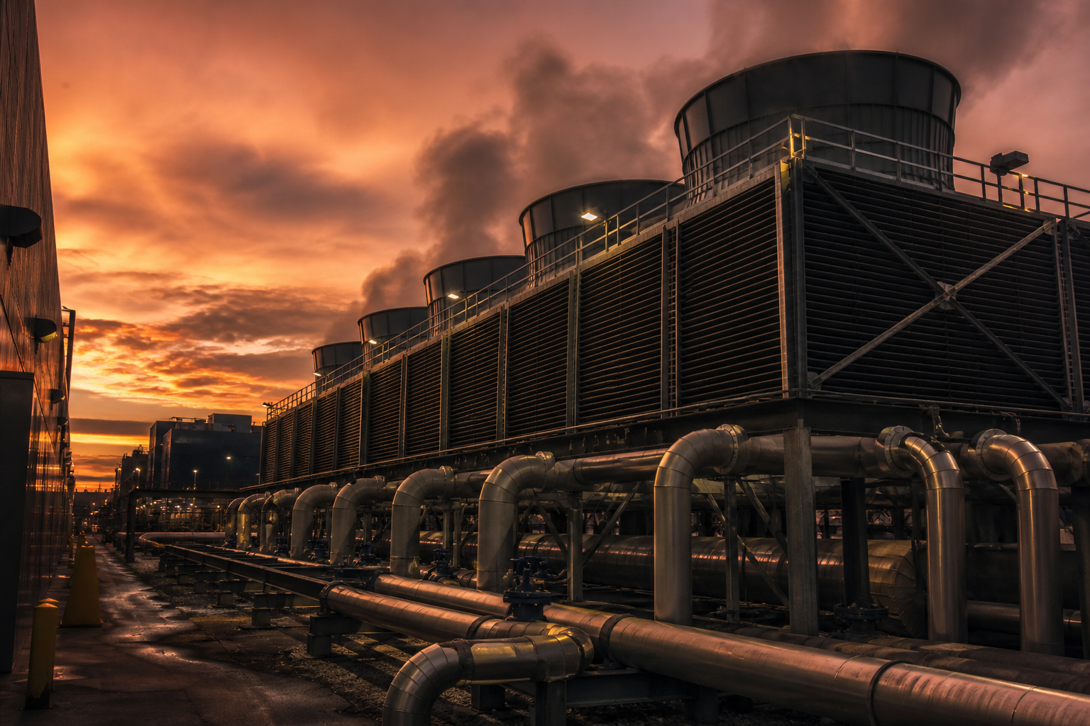 Industrial HVAC plant cooling an enterprise data center, shot from below against a sodium-vapor sky