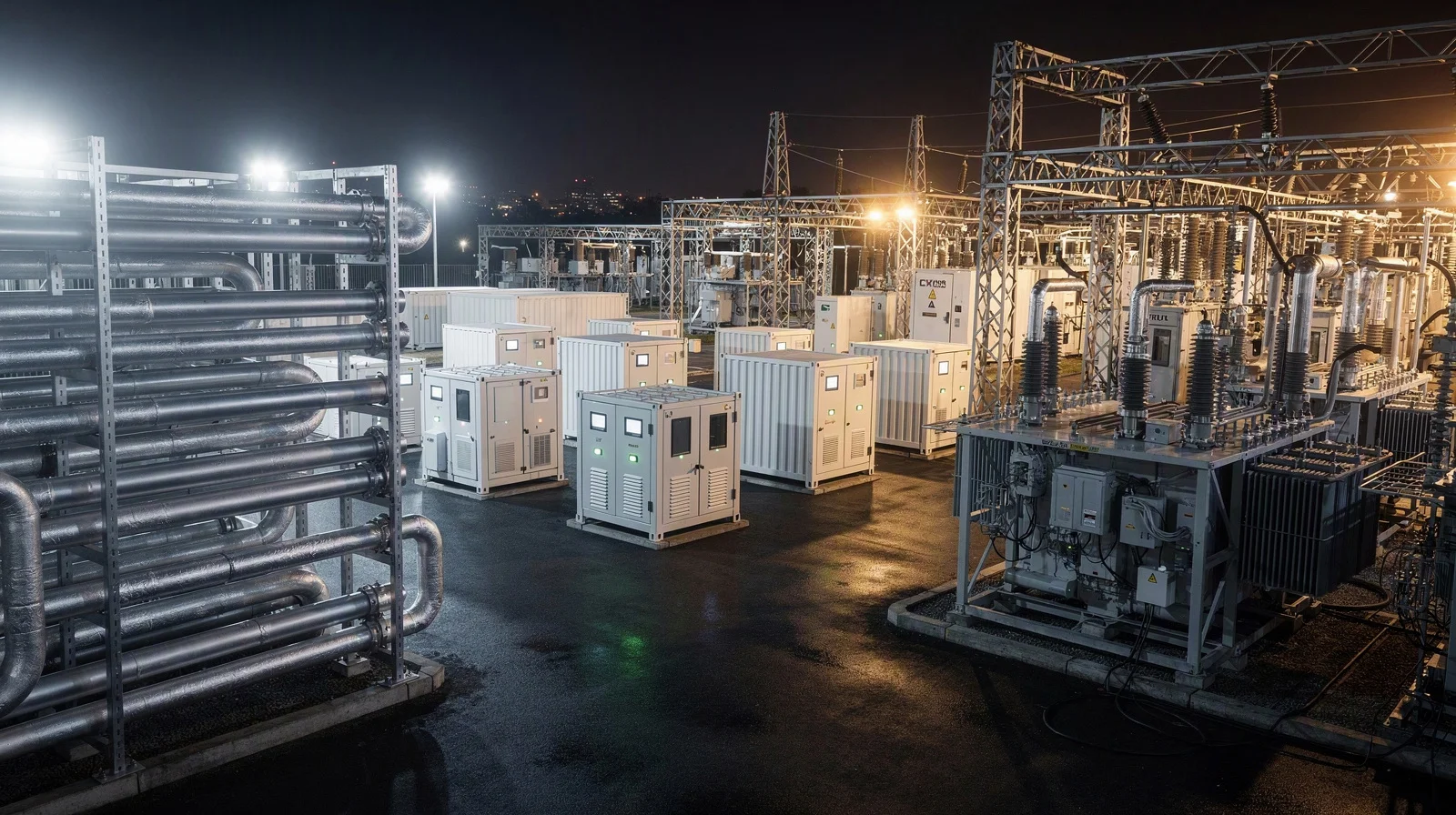A high-density AI campus at night, with liquid-cooling pipes, battery containers and a glowing electrical substation arranged as one continuous industrial system