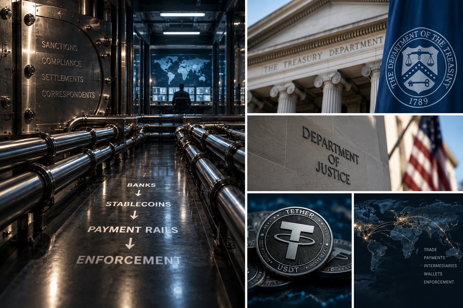 Treasury and Justice enforcement architecture beside payment conduits, stablecoin infrastructure and global transaction routes