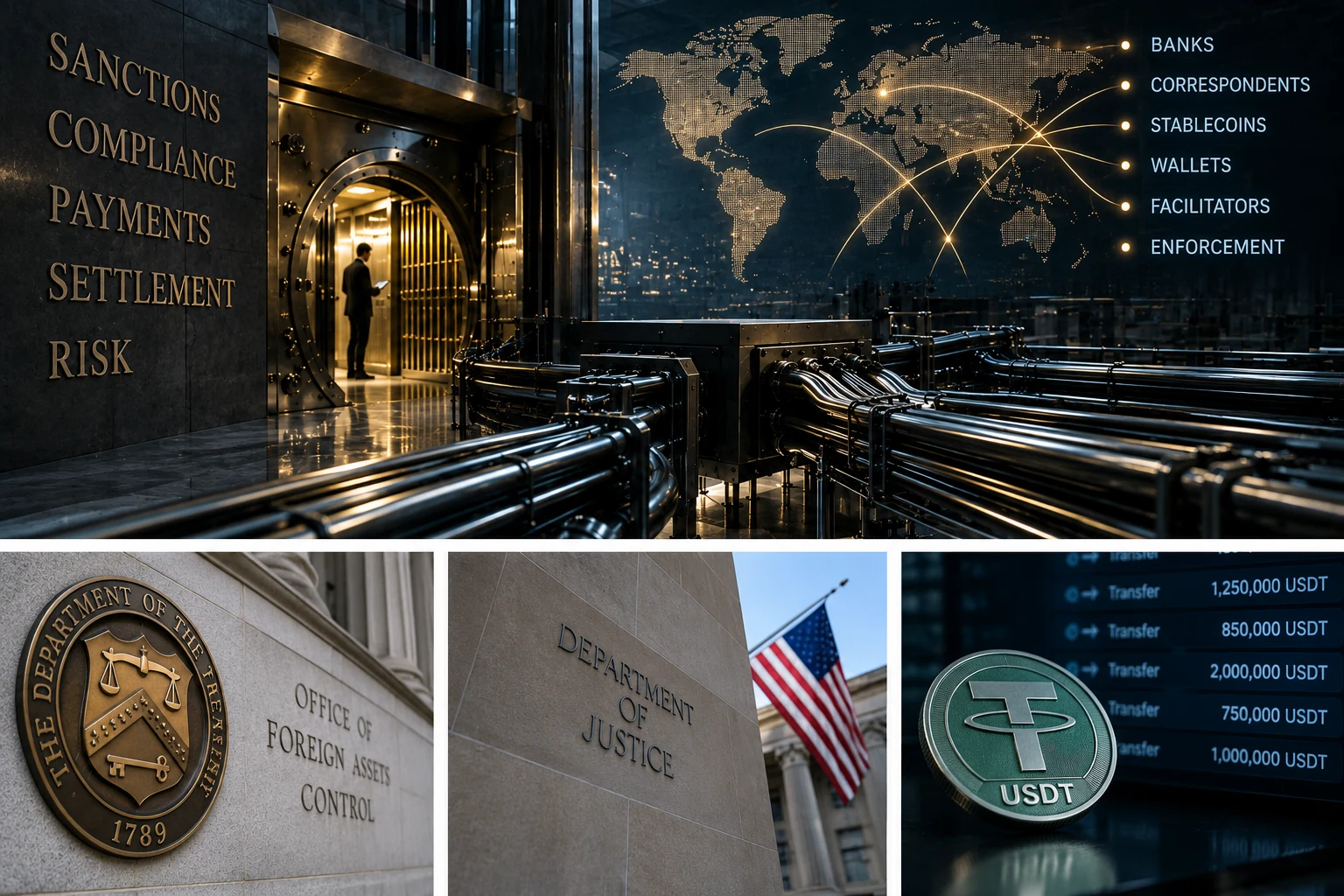 Sanctions and payment infrastructure linking correspondent banking, enforcement agencies and USDT transfer rails