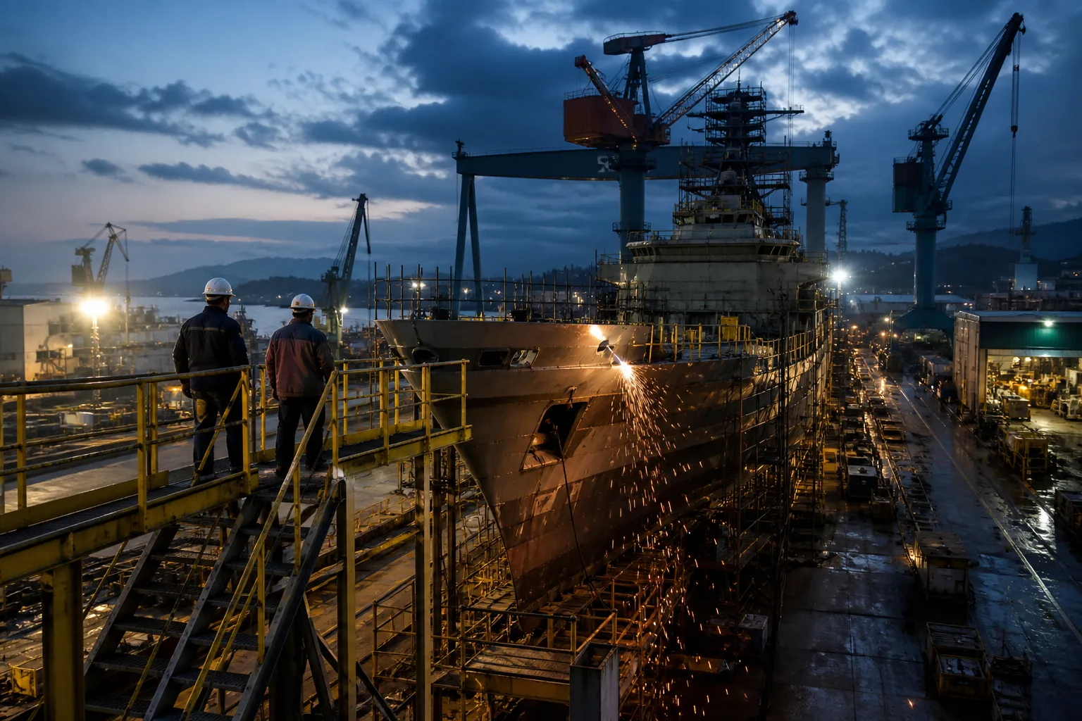Korean shipyard dry dock at blue hour: naval hull under scaffolding, welders' sparks and gantry cranes silhouetted