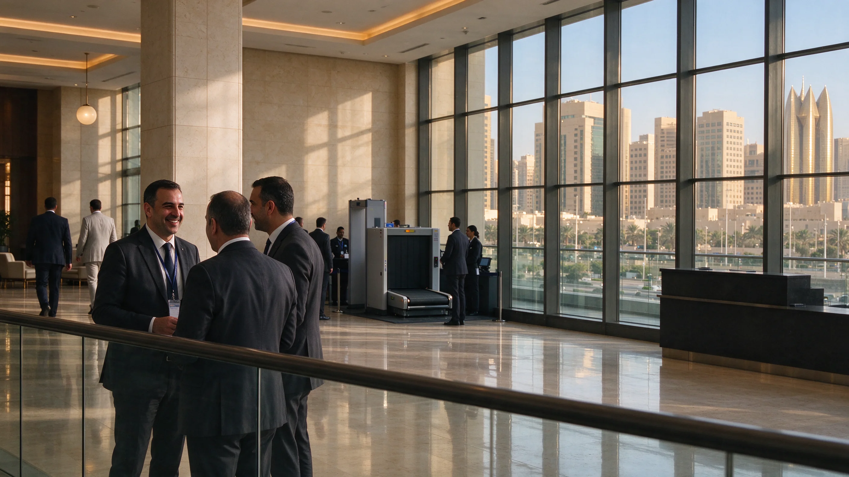 Afternoon light in a Riyadh hotel conference lobby with delegates and a security checkpoint below a desert skyline